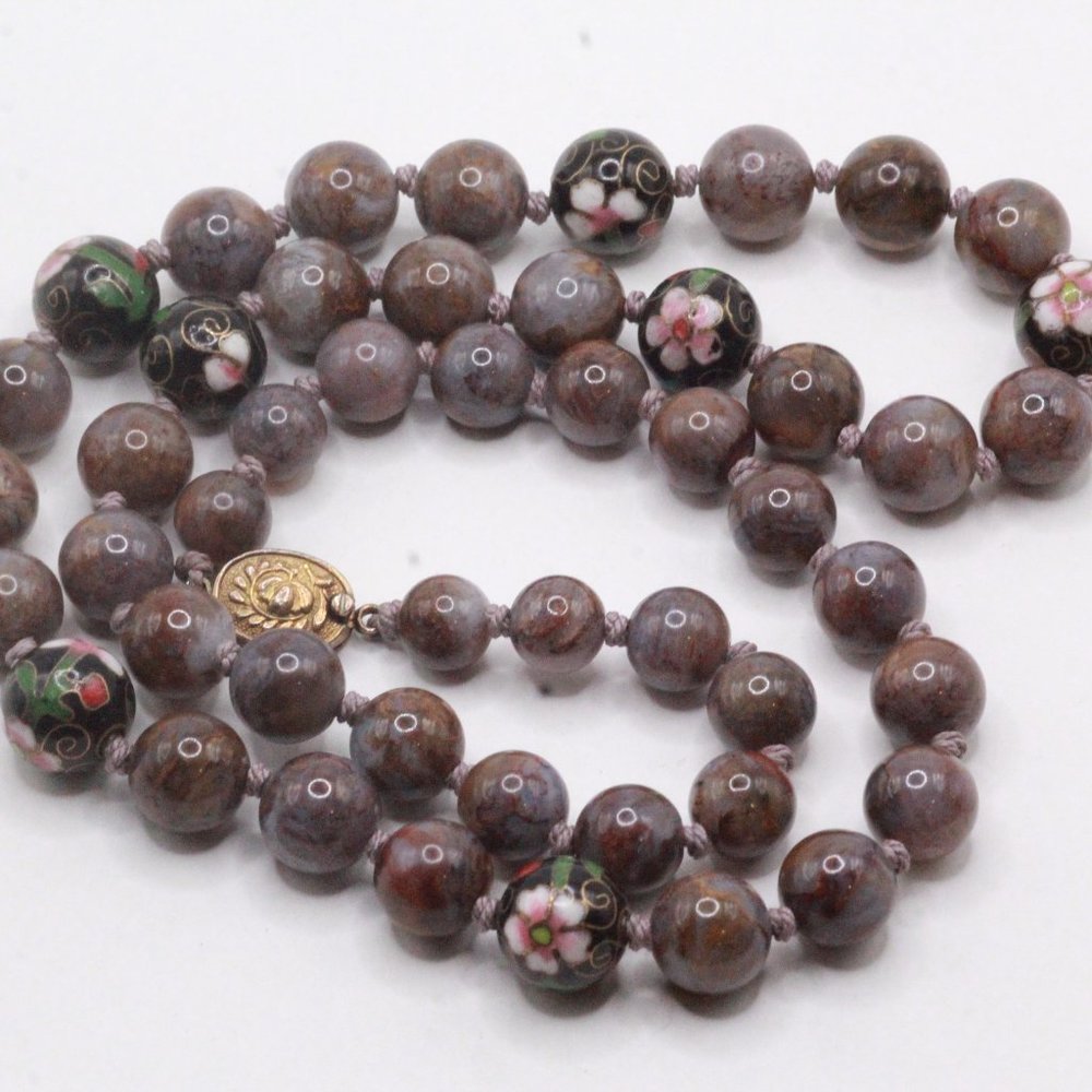 Antique Art Deco Sterling Silver Vermeil Brown Agate Cloisonne´ Knotted Necklace